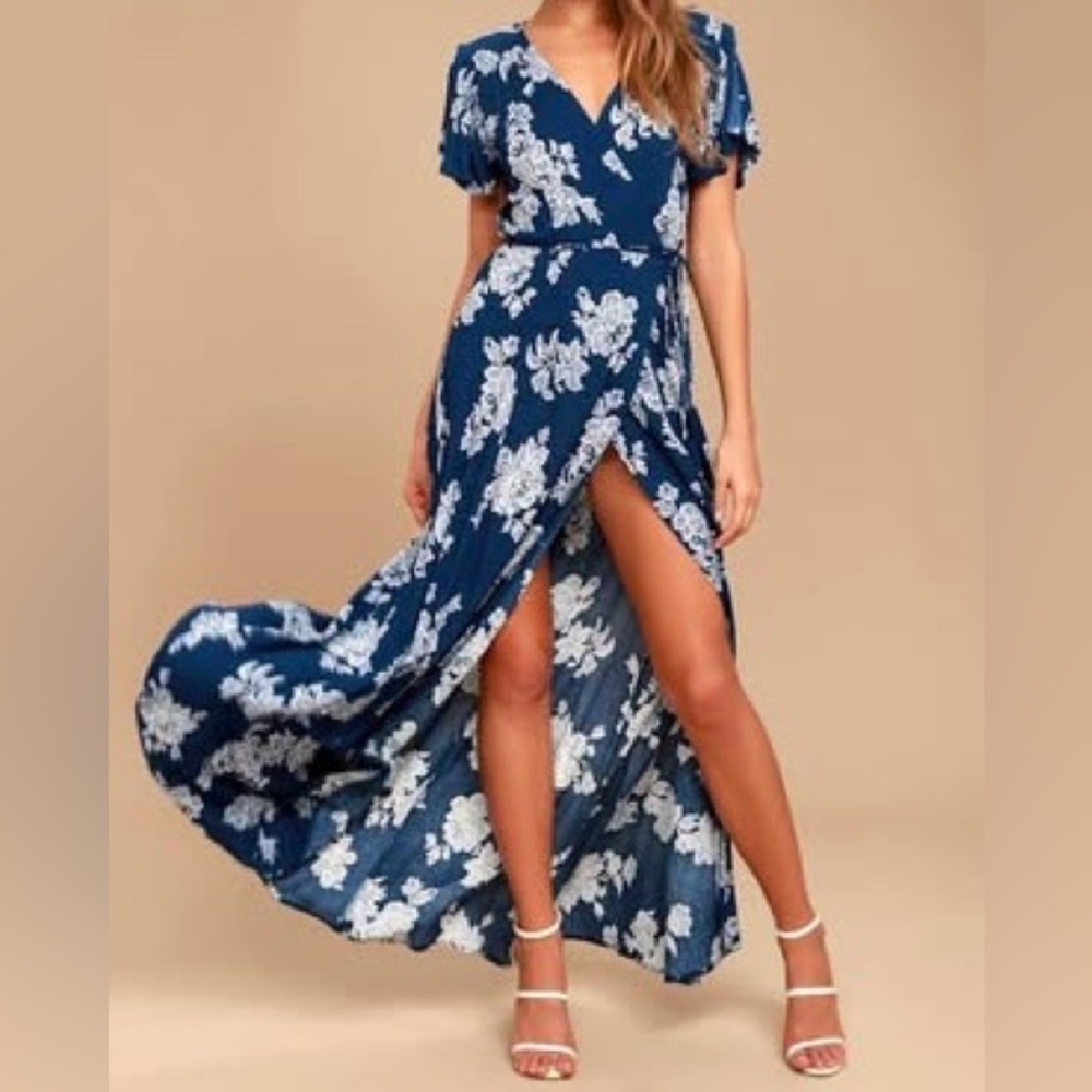 Lulus Heart of Marigold Navy Blue Floral Print Wrap Maxi Dress Large New